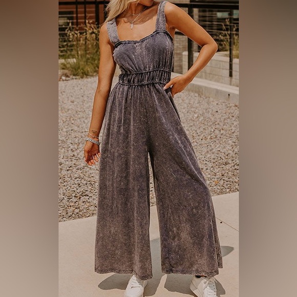 Umgee Pants - NWT UMGEE Mineral Washed Navy Smocked Back Wide Leg Jumpsuit Jumper